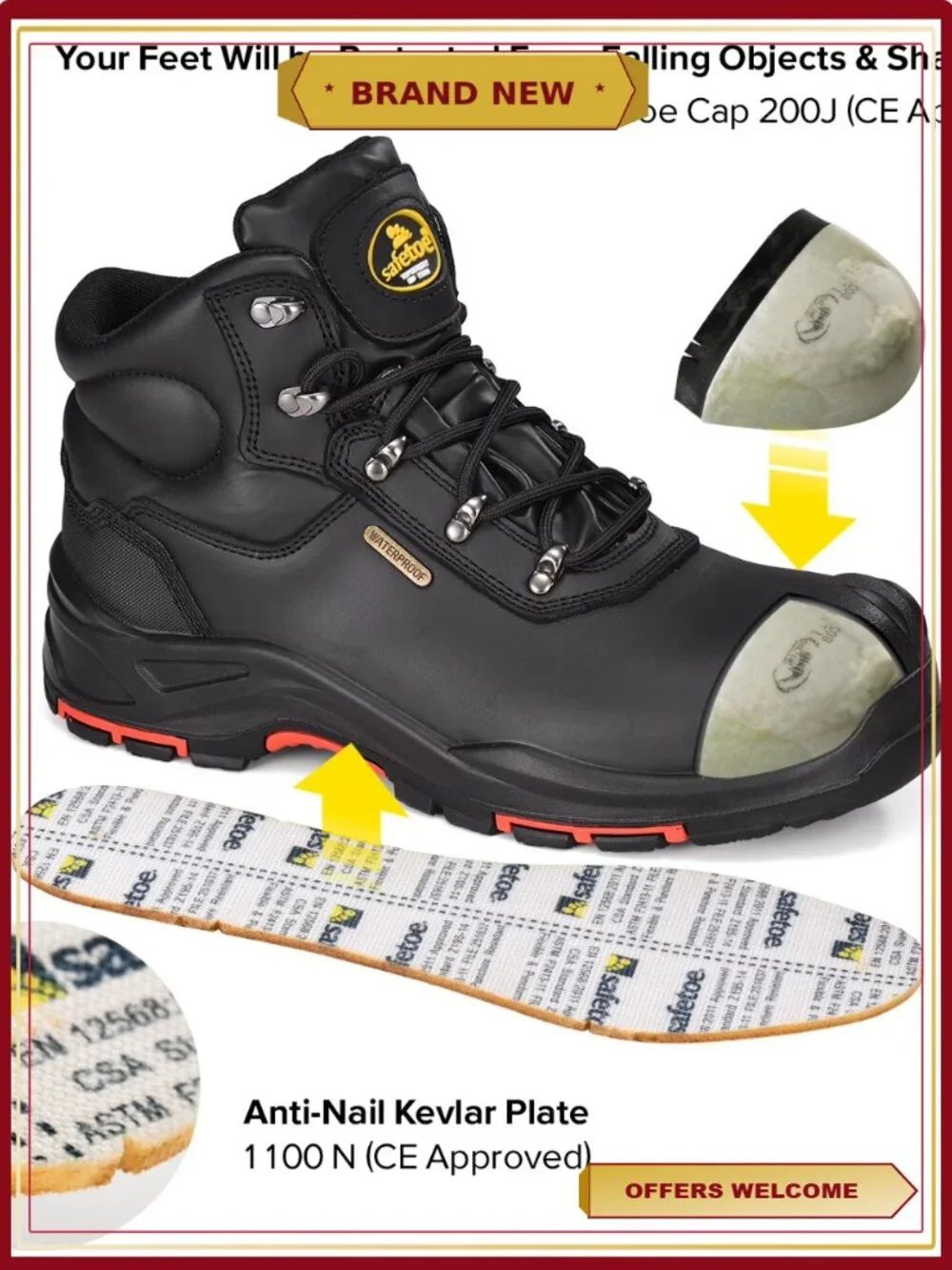 Men's Safety Work Boots Composite Toe Leather Slip On Puncture Proof
